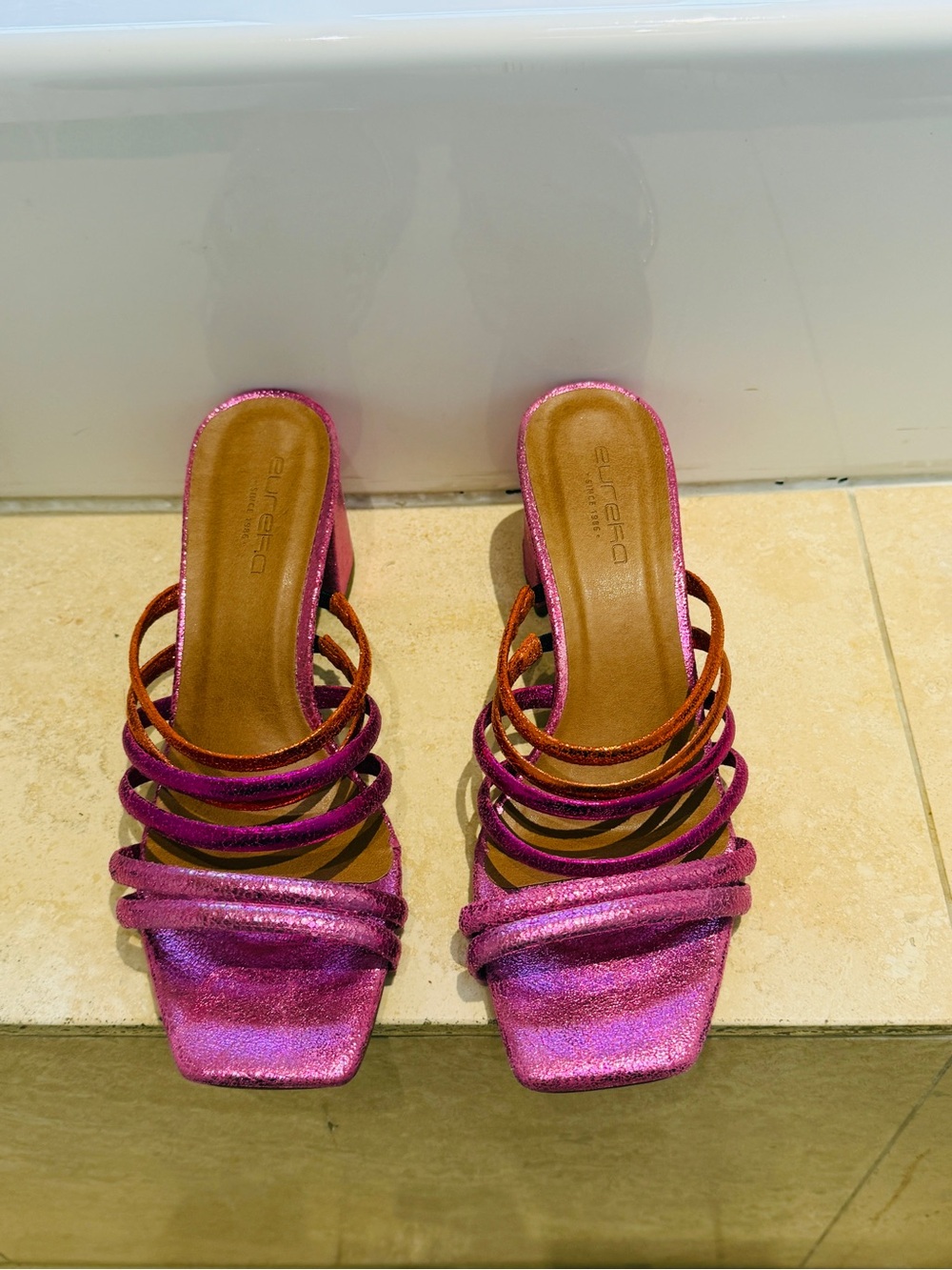 Metallic Pink Multi-Strap Slide sandals made in Portugal Sz 9 / 40